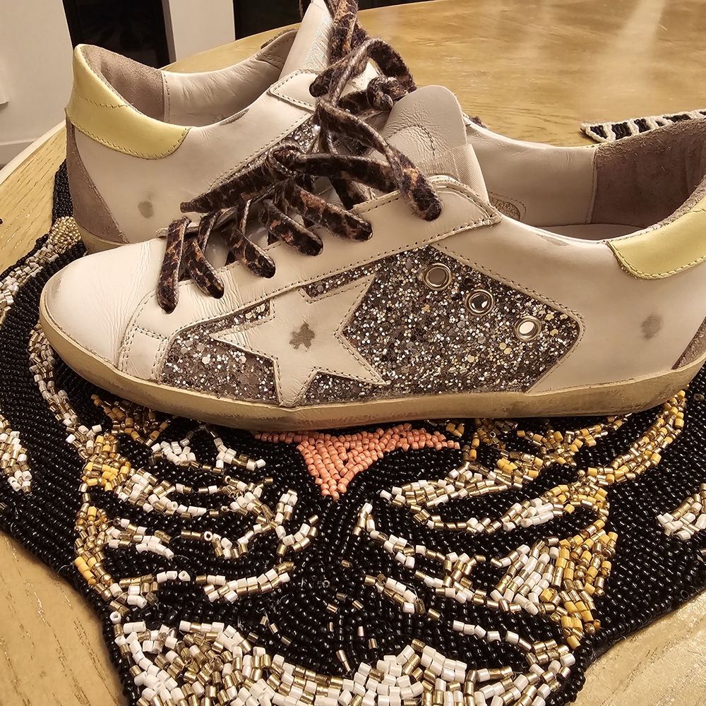 Golden Goose Glitter Star Sneakers in Cream and Gold